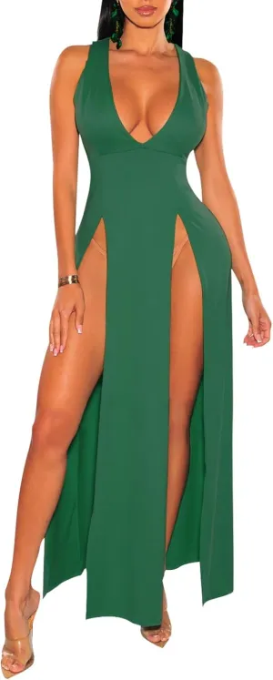Sexy Maxi Dress for Women Sleeveless Front High Split Deep V Neck Party Long Bodycon Tank Dress