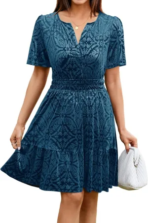 Simplee Women's 2024 Velvet Short Sleeve Cocktail Dress Winter Holiday V Neck Empire Waist Mini Party Dress with Pockets