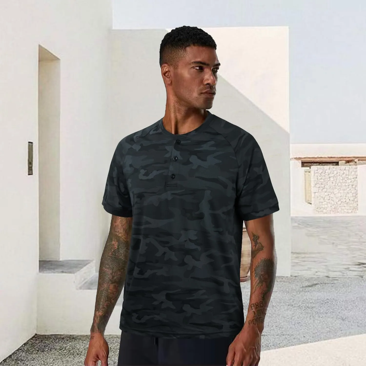 TAPULCO Mens Collarless Golf Shirts Short Sleeve Dry Fit Stretch Casual Breathable Lightweight Tshirts