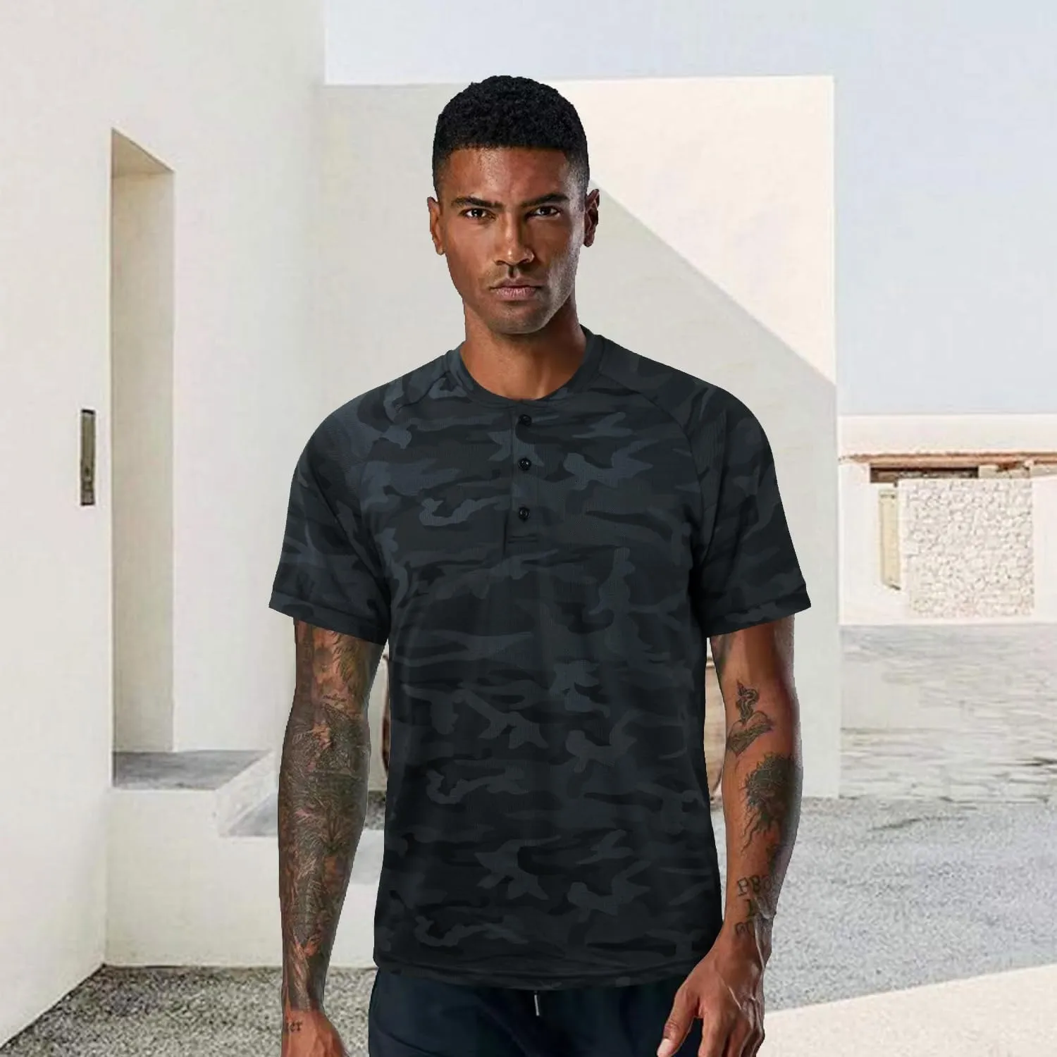 TAPULCO Mens Collarless Golf Shirts Short Sleeve Dry Fit Stretch Casual Breathable Lightweight Tshirts