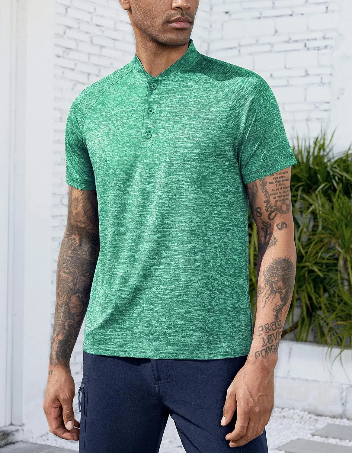 TAPULCO Mens Collarless Golf Shirts Short Sleeve Dry Fit Stretch Casual Breathable Lightweight Tshirts