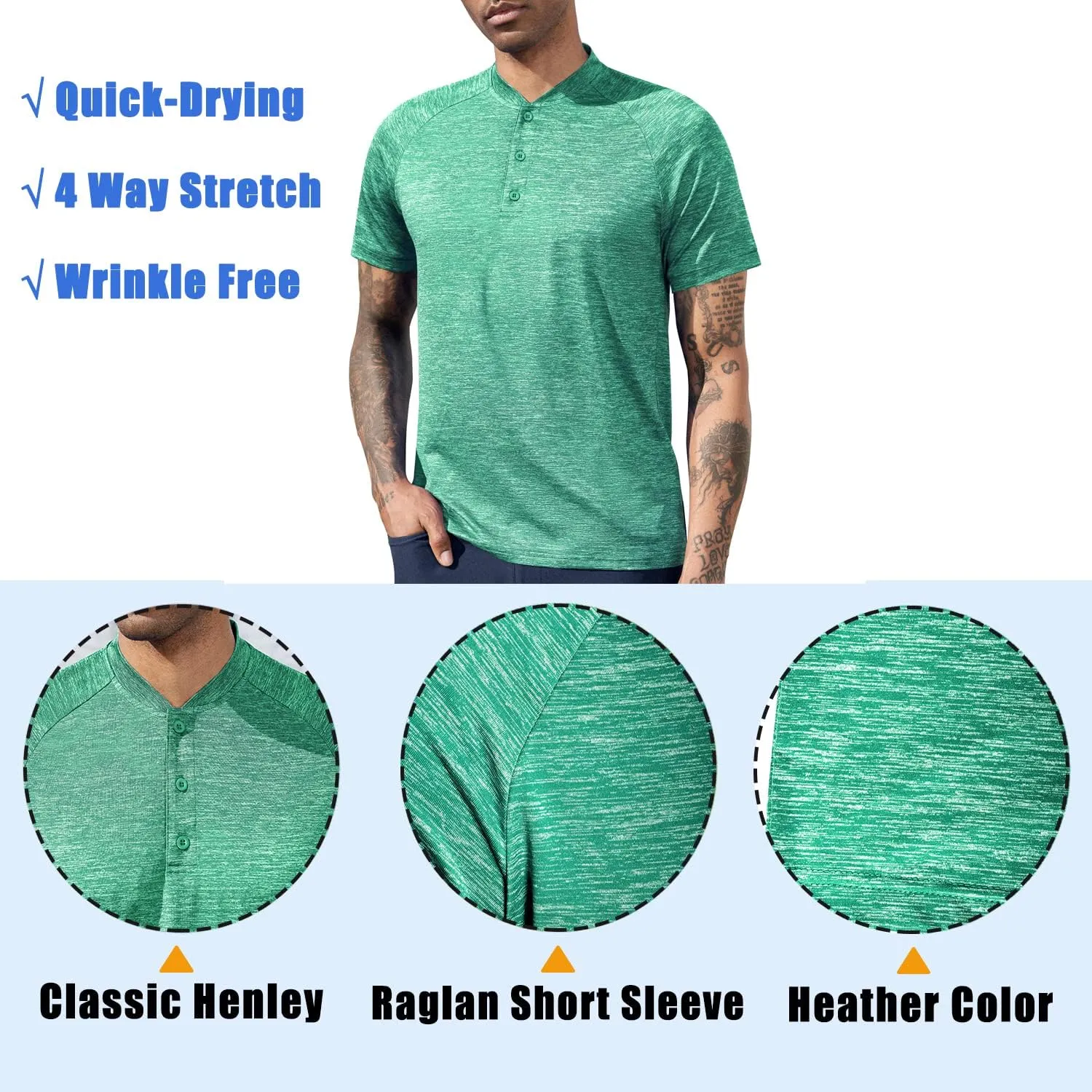 TAPULCO Mens Collarless Golf Shirts Short Sleeve Dry Fit Stretch Casual Breathable Lightweight Tshirts