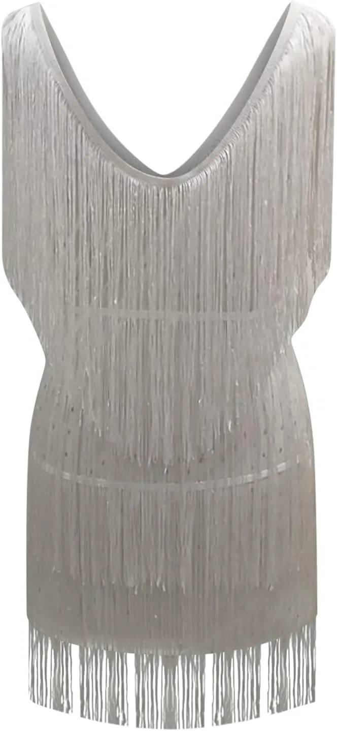 Uillui Fringe Dresses for Women Vintage 1920s Cocktail Flapper Dress Sleeveless V-Neck Tassel Sequin Mini Party Night Dress