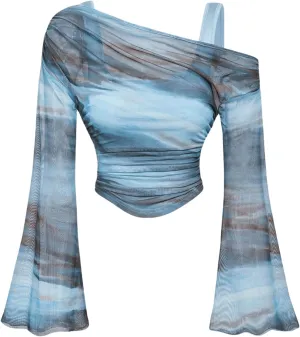 Verdusa Women's Y2k Off Shoulder Tops Tie Dye Mesh Long Flared Sleeve Ruched Crop Shirt Top