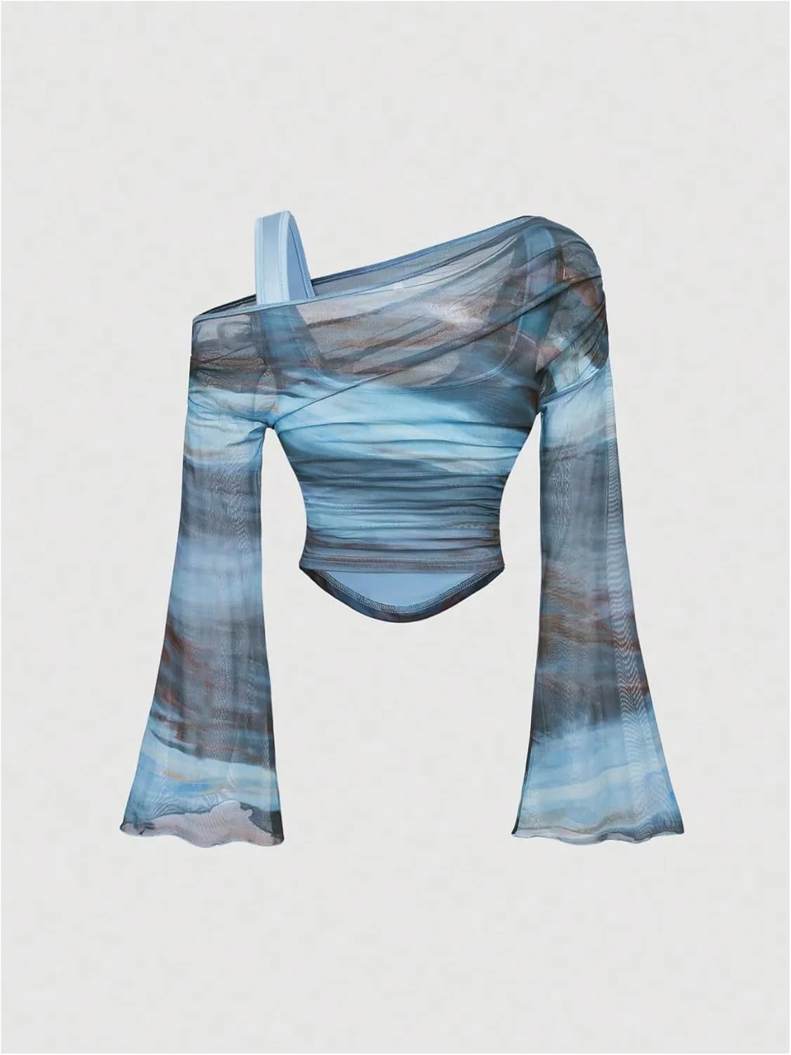 Verdusa Women's Y2k Off Shoulder Tops Tie Dye Mesh Long Flared Sleeve Ruched Crop Shirt Top