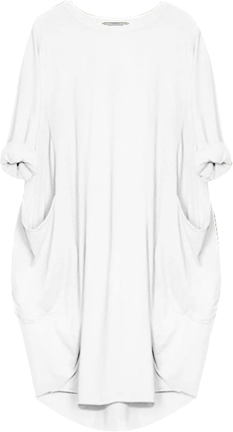 Women Crew Neck T Shirt Dress Loose Casual Plus Size Midi Dress with Pockets