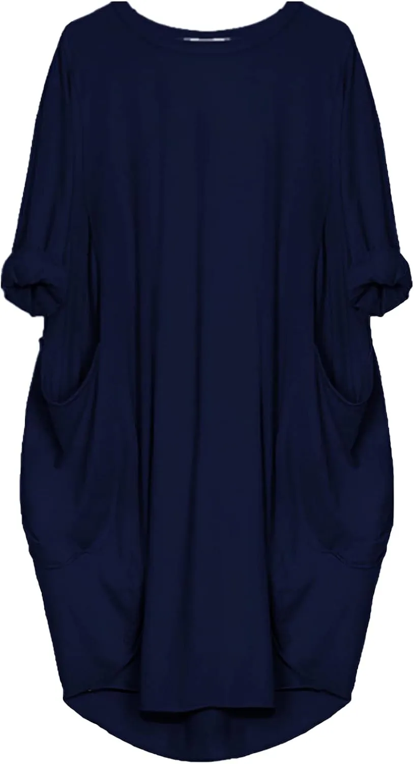 Women Crew Neck T Shirt Dress Loose Casual Plus Size Midi Dress with Pockets