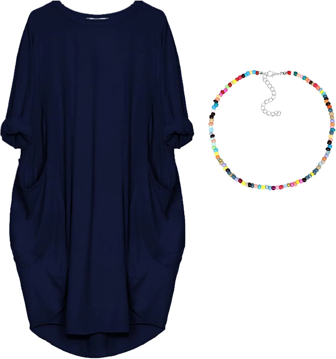 Women Crew Neck T Shirt Dress Loose Casual Plus Size Midi Dress with Pockets