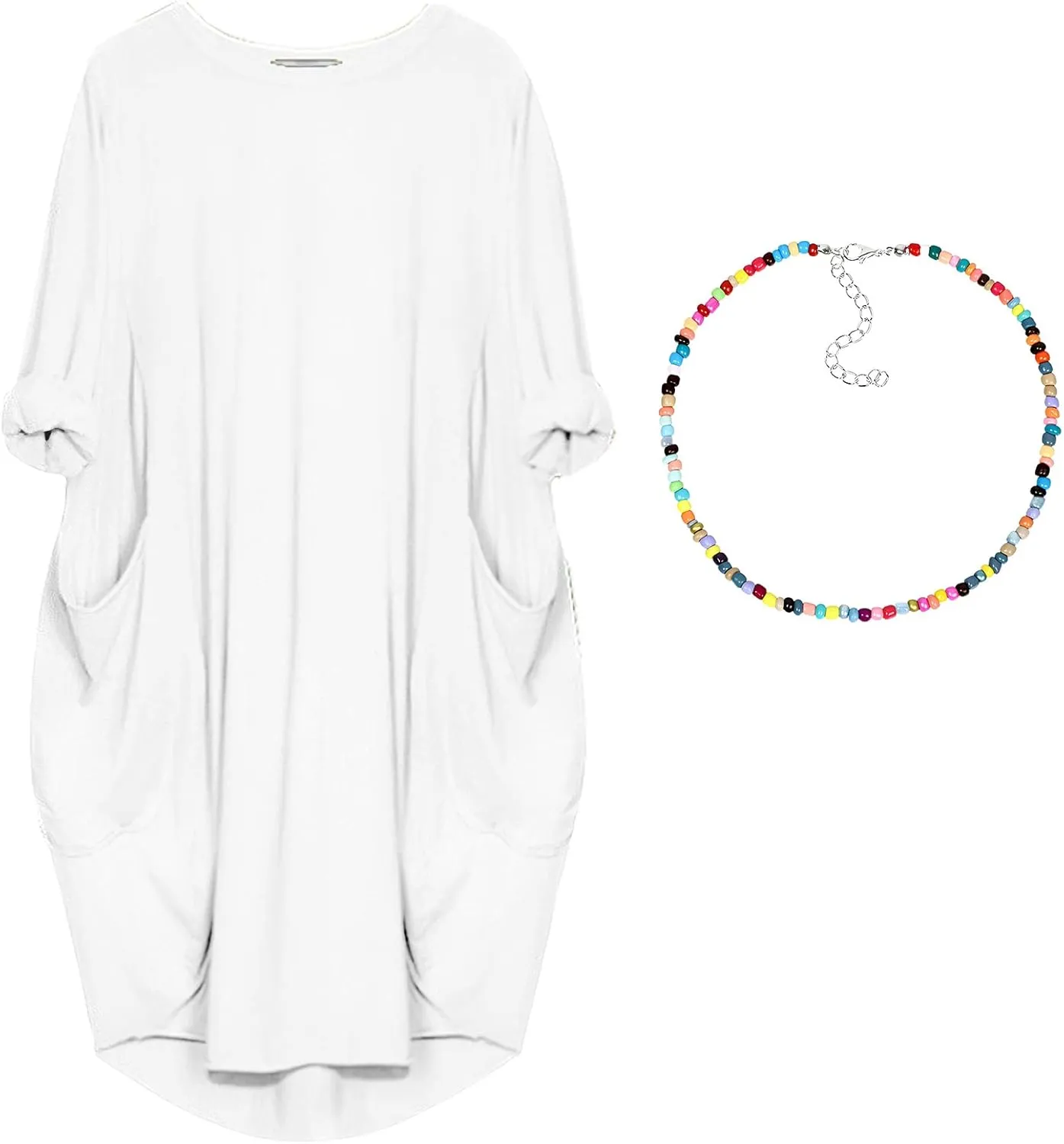 Women Crew Neck T Shirt Dress Loose Casual Plus Size Midi Dress with Pockets