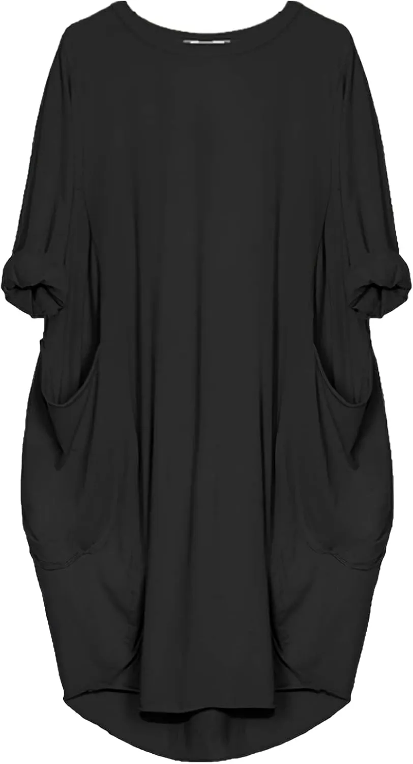 Women Crew Neck T Shirt Dress Loose Casual Plus Size Midi Dress with Pockets