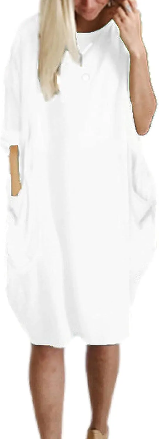 Women Crew Neck T Shirt Dress Loose Casual Plus Size Midi Dress with Pockets