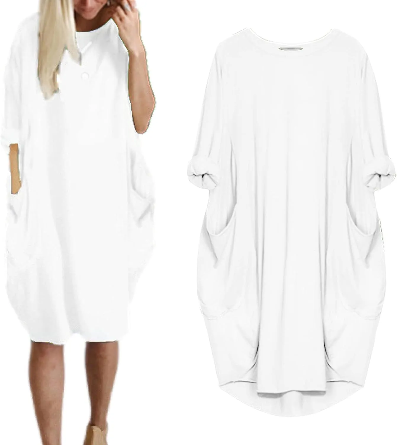 Women Crew Neck T Shirt Dress Loose Casual Plus Size Midi Dress with Pockets