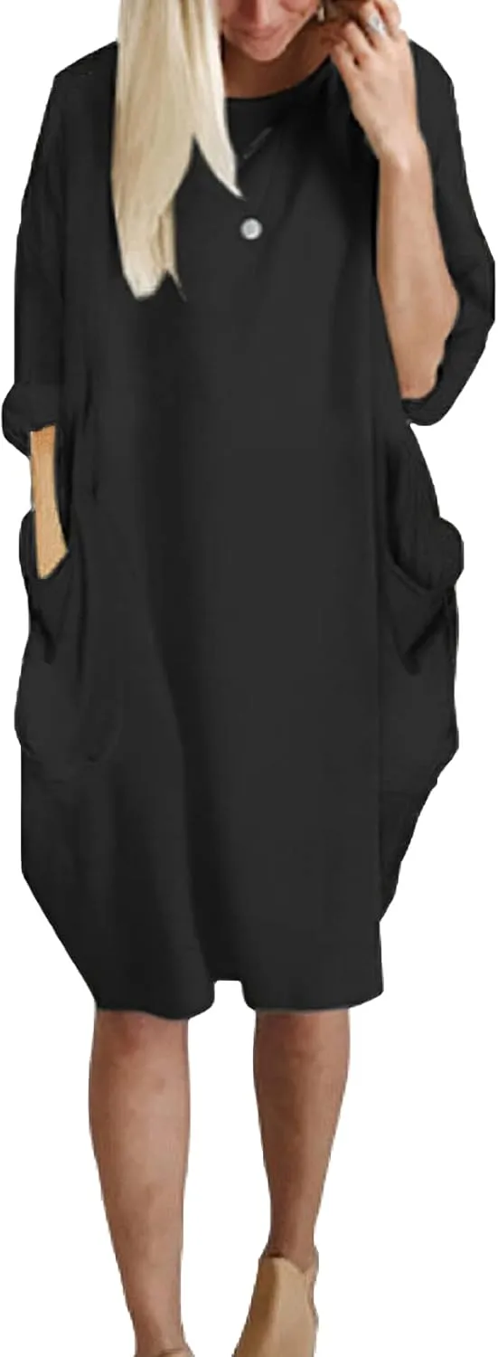 Women Crew Neck T Shirt Dress Loose Casual Plus Size Midi Dress with Pockets