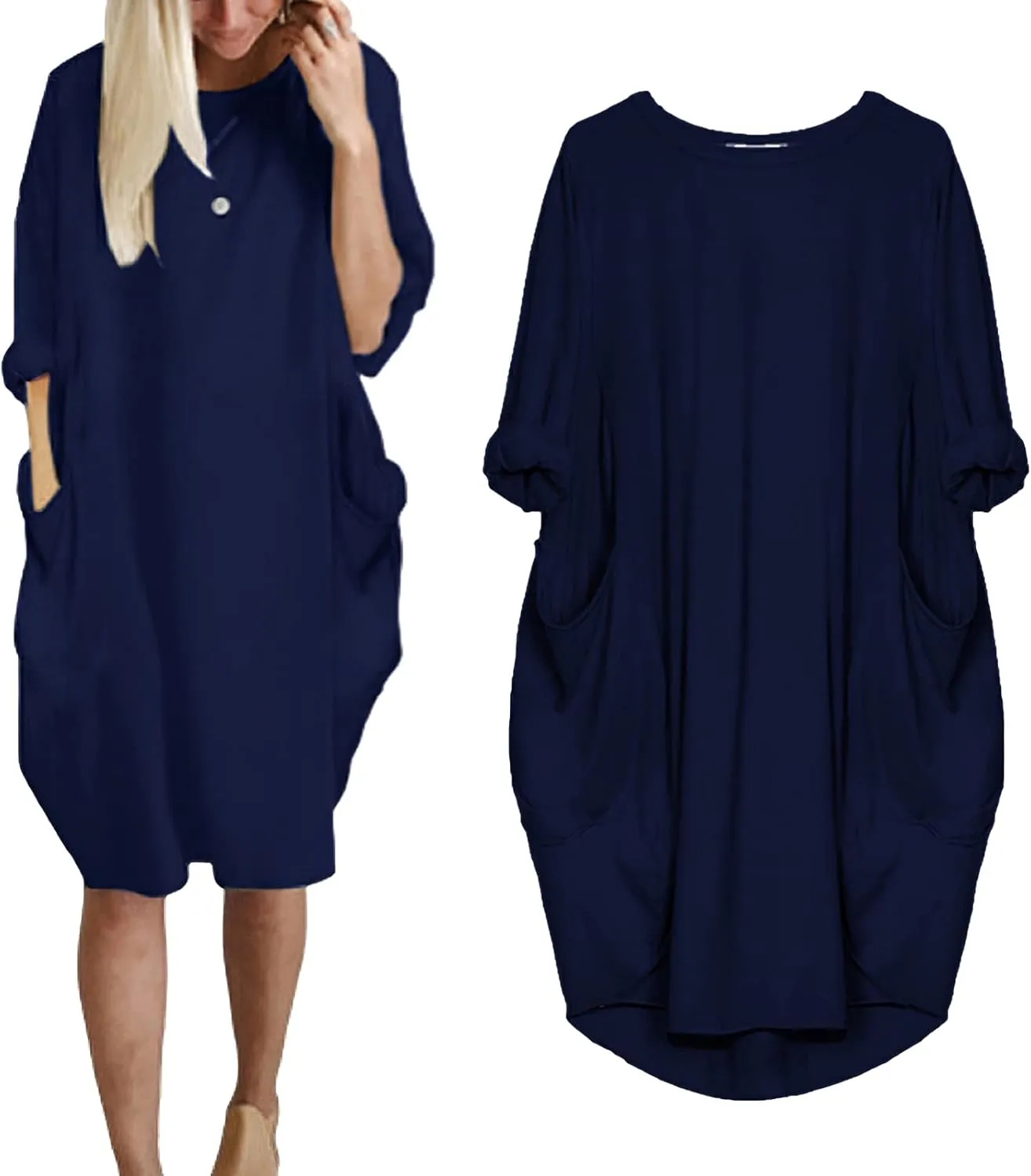 Women Crew Neck T Shirt Dress Loose Casual Plus Size Midi Dress with Pockets