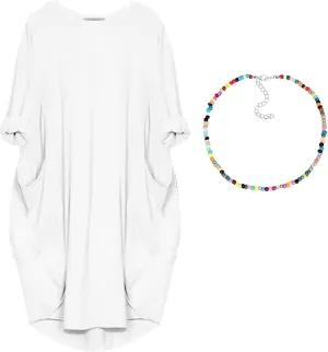 Women Crew Neck T Shirt Dress Loose Casual Plus Size Midi Dress with Pockets