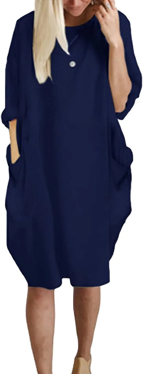 Women Crew Neck T Shirt Dress Loose Casual Plus Size Midi Dress with Pockets