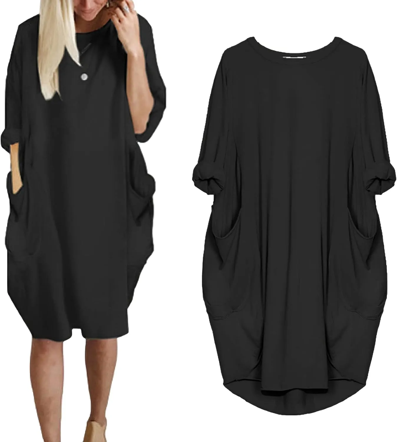 Women Crew Neck T Shirt Dress Loose Casual Plus Size Midi Dress with Pockets