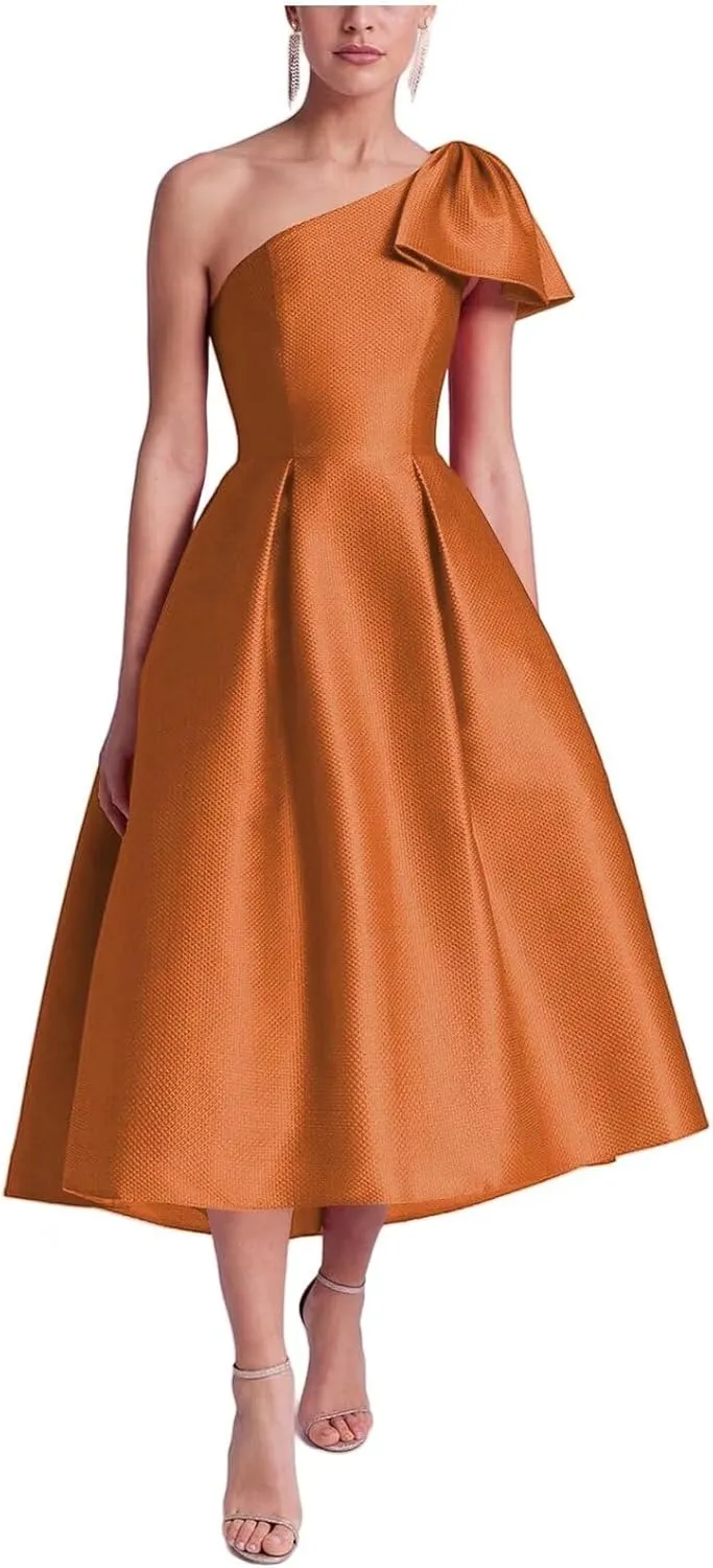 Womens Satin One Shoulder Evening Dress with Pockets Tea Length Prom Gowns for Women A Line Wedding Guest Dress