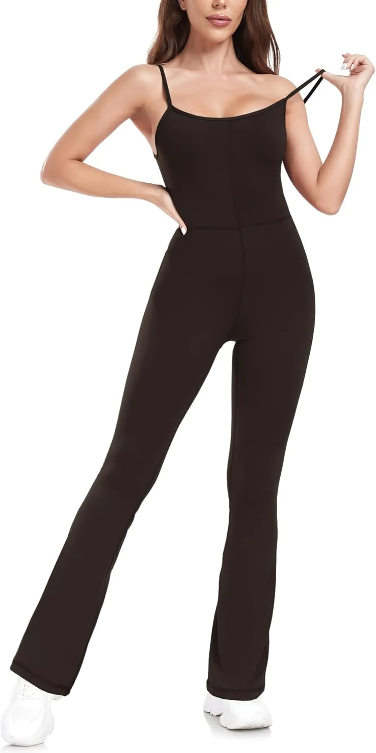 Women's Sleeveless Jumpsuits Adjustable Spaghetti Flare Long Pant Romper Athletic One Piece Outfits