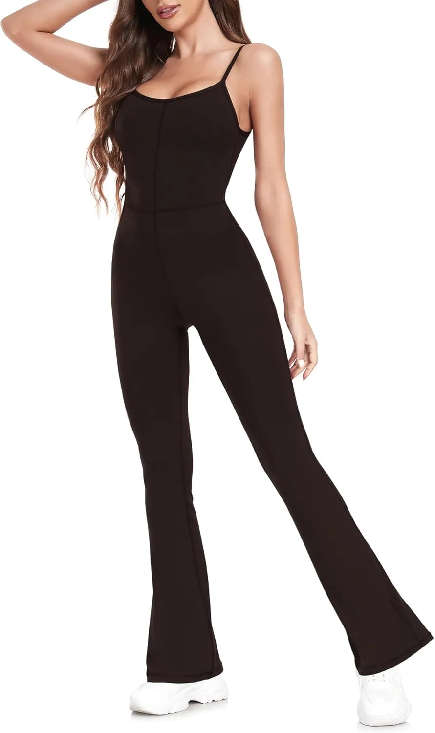 Women's Sleeveless Jumpsuits Adjustable Spaghetti Flare Long Pant Romper Athletic One Piece Outfits