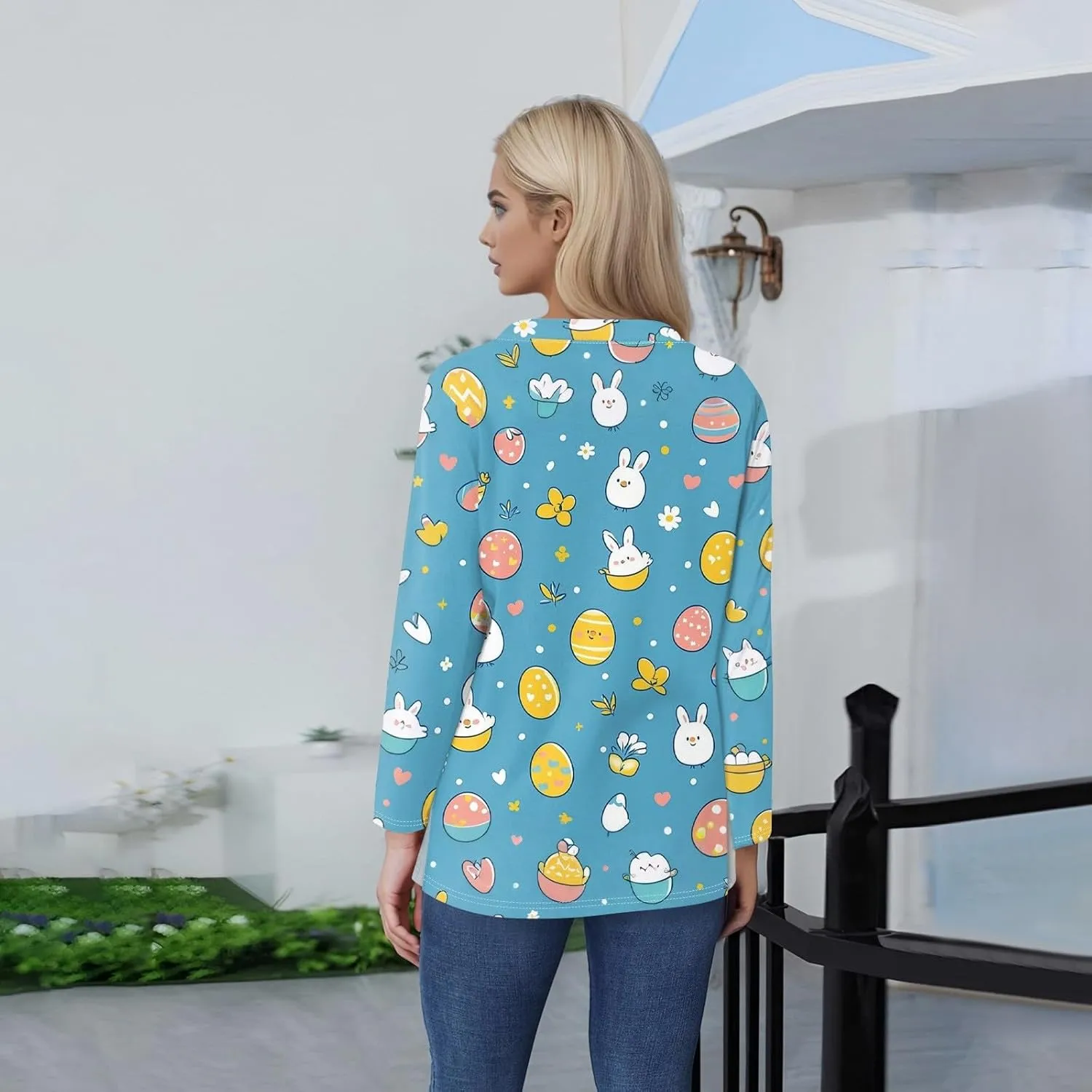 Women's Tops Long Sleeve Spring Shirts 2025 Trendy Loose Fit Crew Neck Floral Print Dressy Blouses