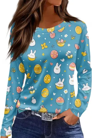 Women's Tops Long Sleeve Spring Shirts 2025 Trendy Loose Fit Crew Neck Floral Print Dressy Blouses