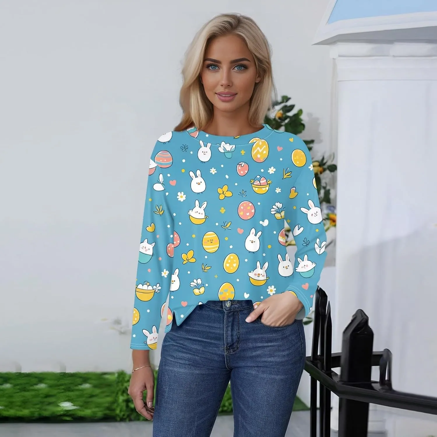 Women's Tops Long Sleeve Spring Shirts 2025 Trendy Loose Fit Crew Neck Floral Print Dressy Blouses