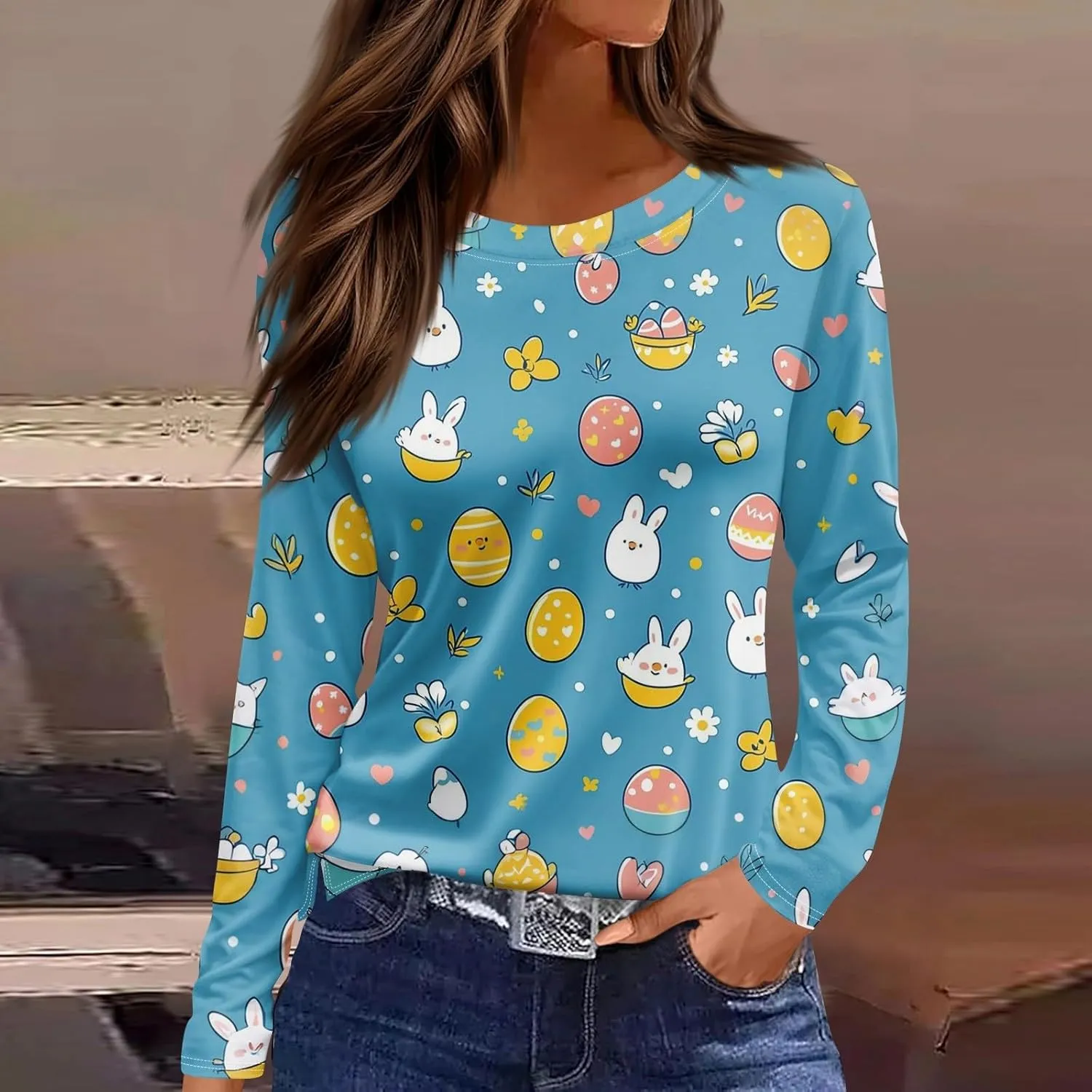 Women's Tops Long Sleeve Spring Shirts 2025 Trendy Loose Fit Crew Neck Floral Print Dressy Blouses