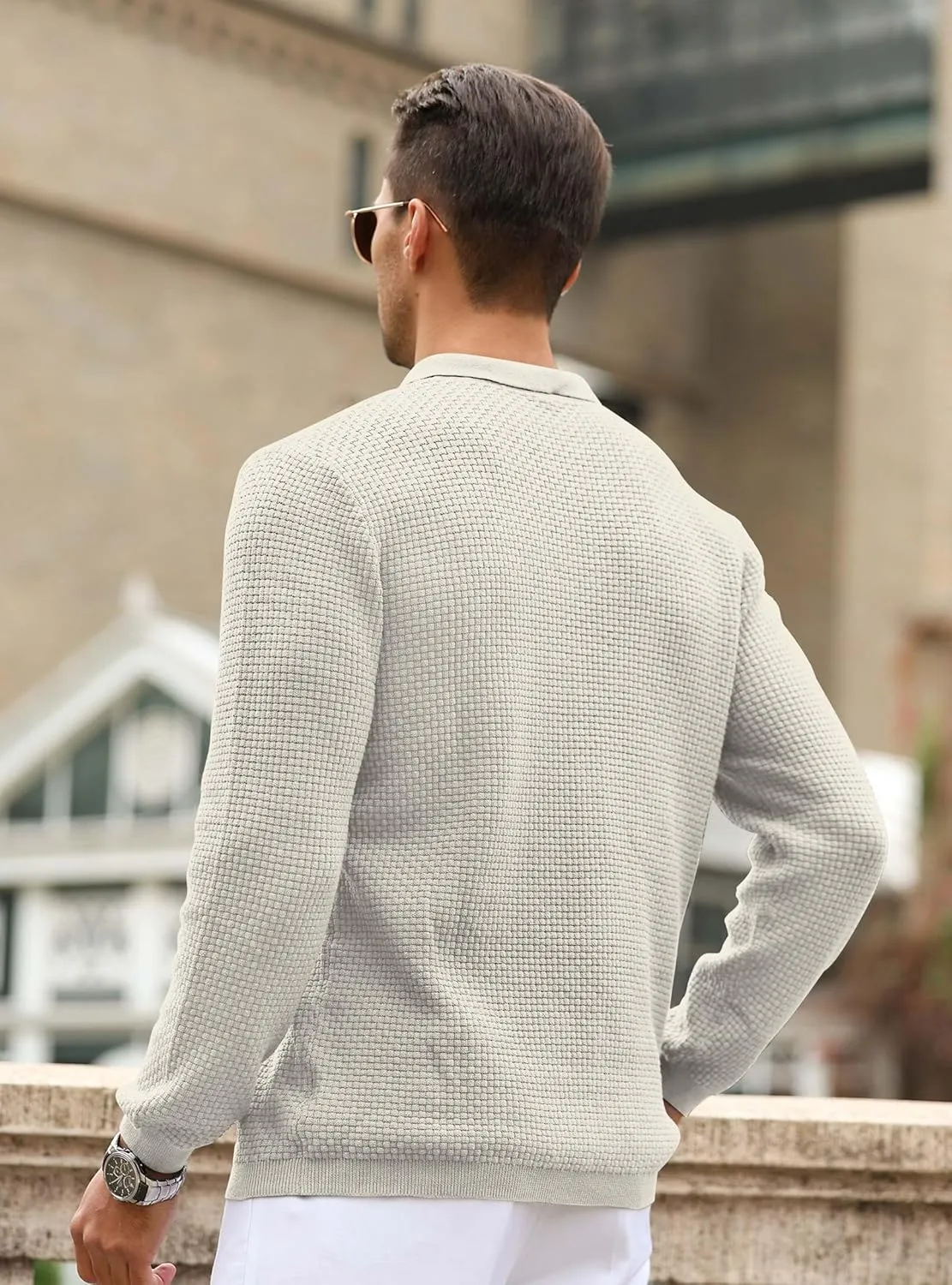Zaitun Mens Knit Polo Sweater Long Sleeve Lightweight Collared Pullover Casual Sweaters Khaki
